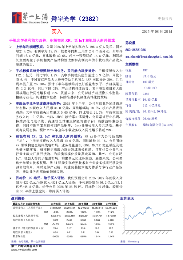 舜宇光学（2382）更新报告