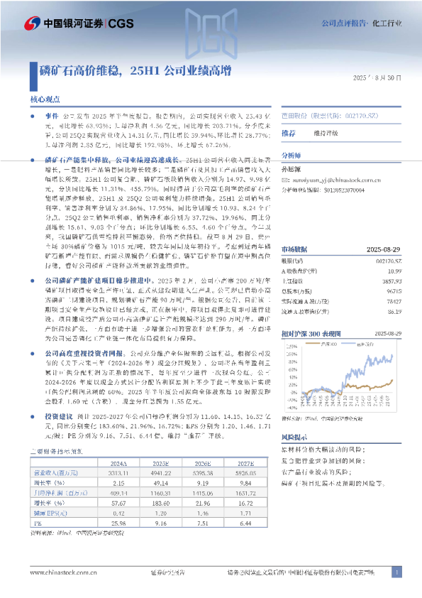 磷矿石高价维稳，25H1公司业绩高增