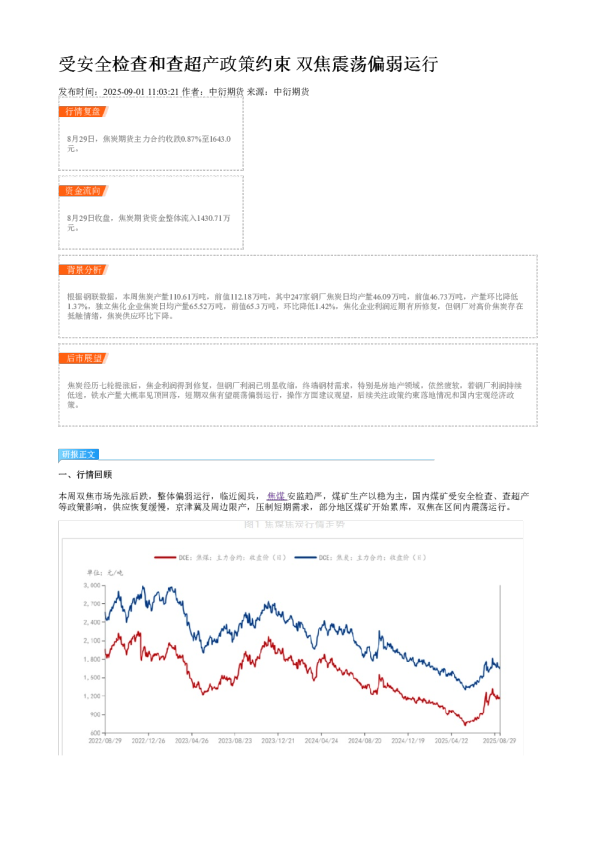 受安全检查和查超产政策约束 双焦震荡偏弱运行