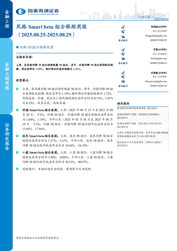 风格Smart beta组合跟踪周报（2025.08.25-2025.08.29）