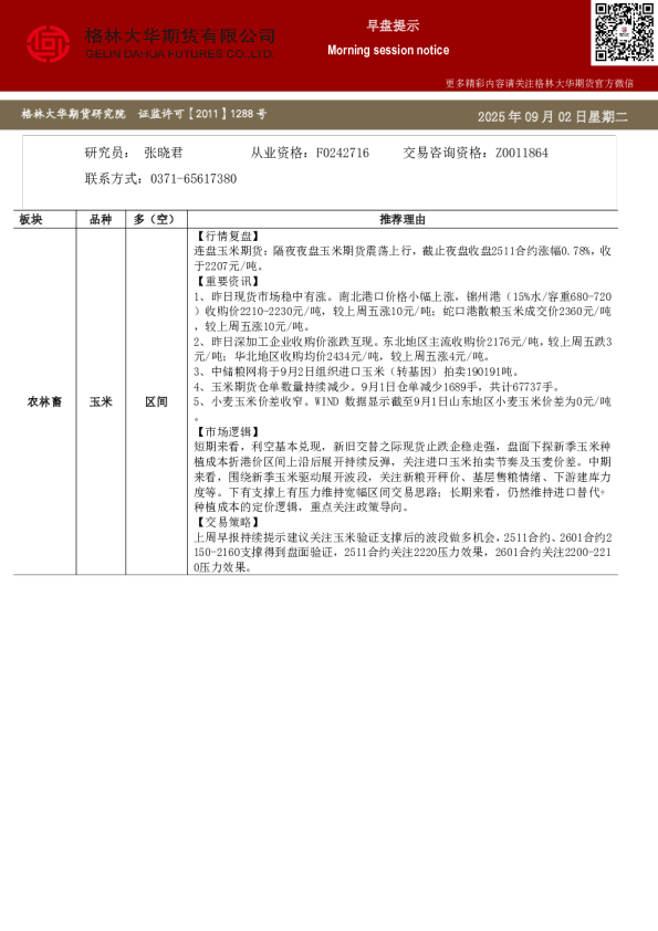 格林大华期市早班车-玉米生猪鸡蛋（20250902）