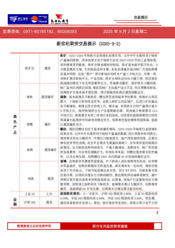 新世纪期货交易提示（2025-9-2）