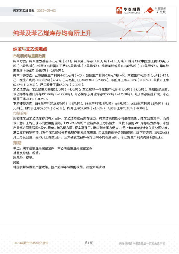 纯苯苯乙烯日报：纯苯及苯乙烯库存均有所上升