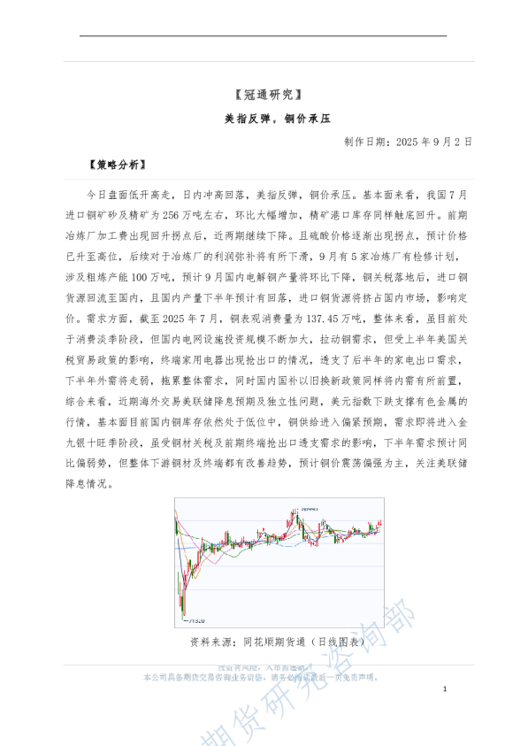 美指反弹，铜价承压