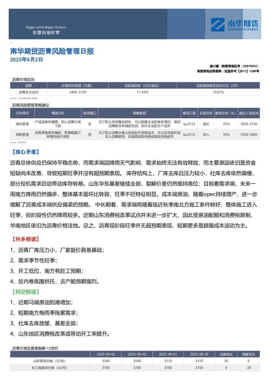 南华期货沥青风险管理日报