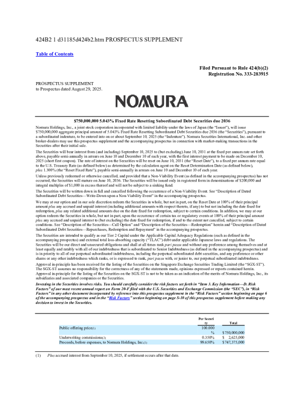 野村控股美股招股说明书(2025-09-03版)