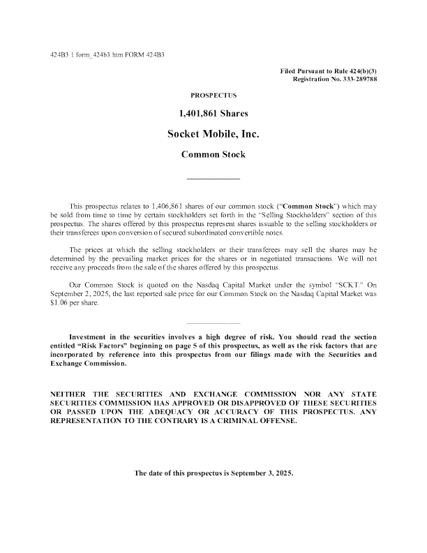 socket mobile inc美股招股说明书(2025-09-03版)