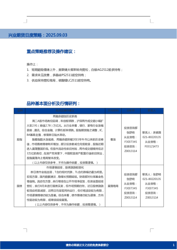 兴业期货日度策略