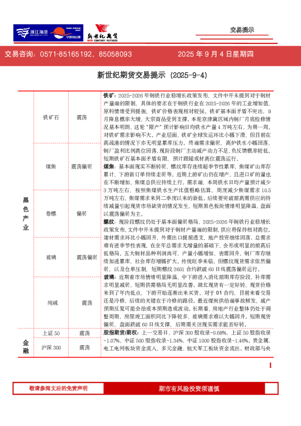 新世纪期货交易提示（2025-9-4）