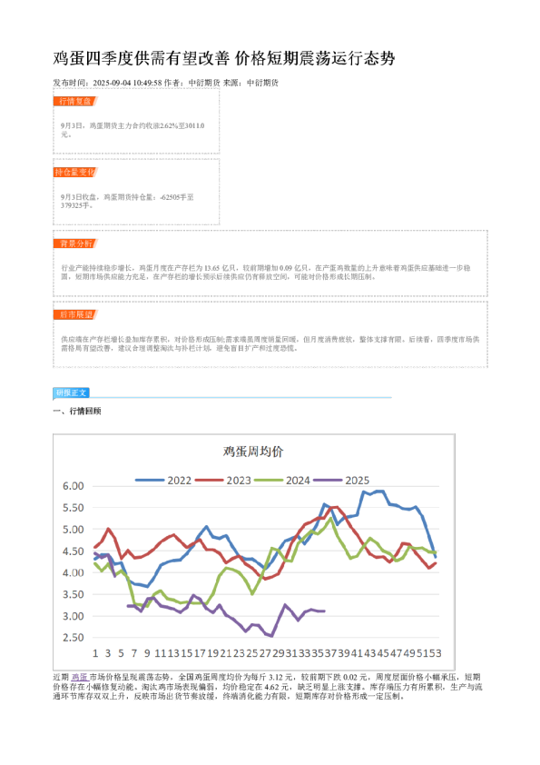 鸡蛋四季度供需有望改善 价格短期震荡运行态势
