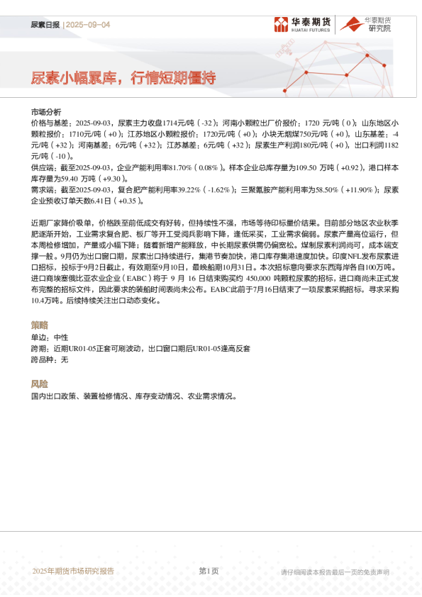尿素日报：尿素小幅累库，行情短期僵持