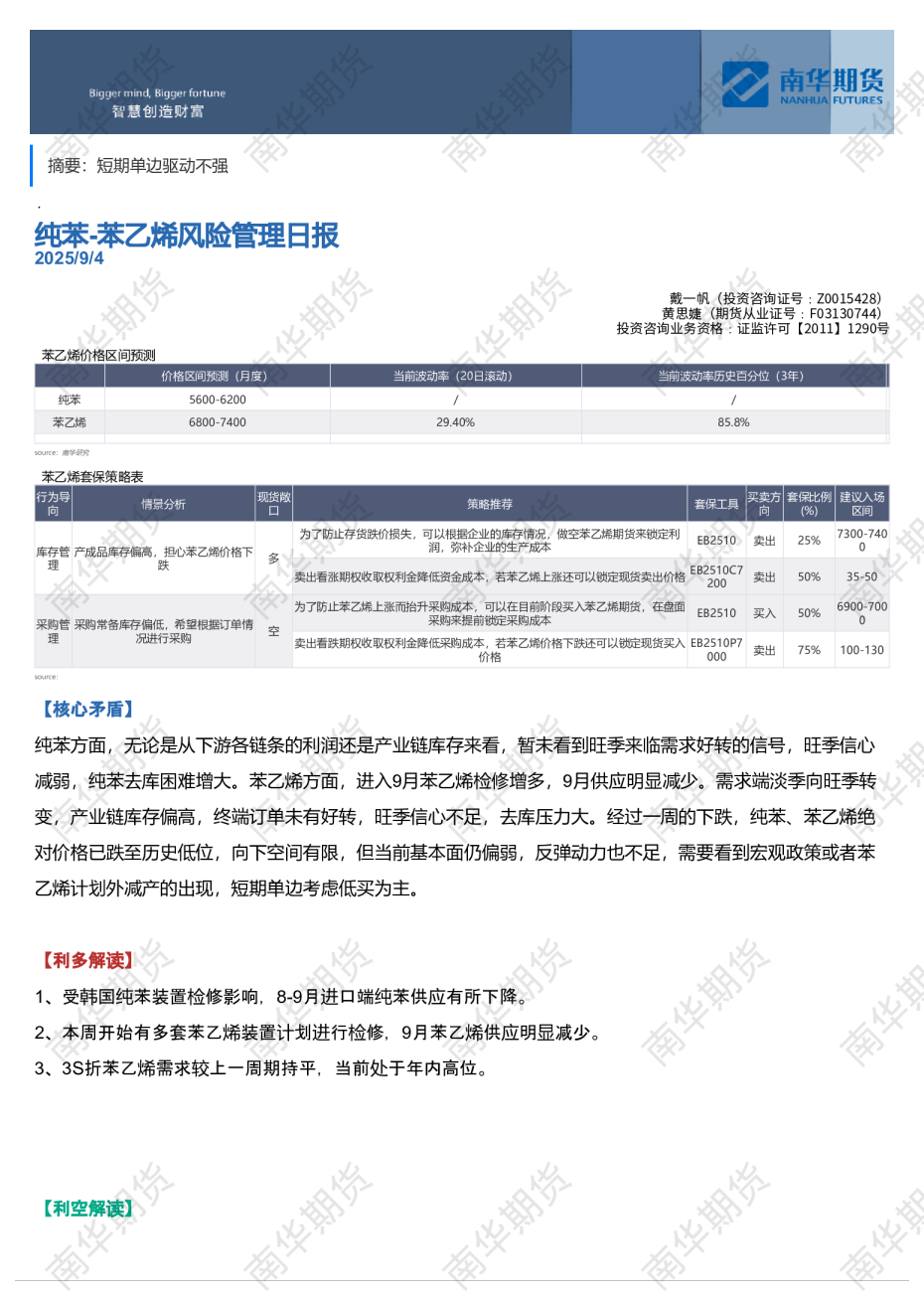 纯苯-苯乙烯风险管理日报