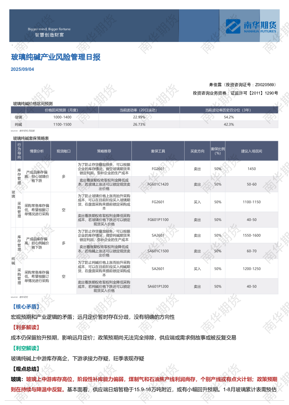 玻璃纯碱产业风险管理日报
