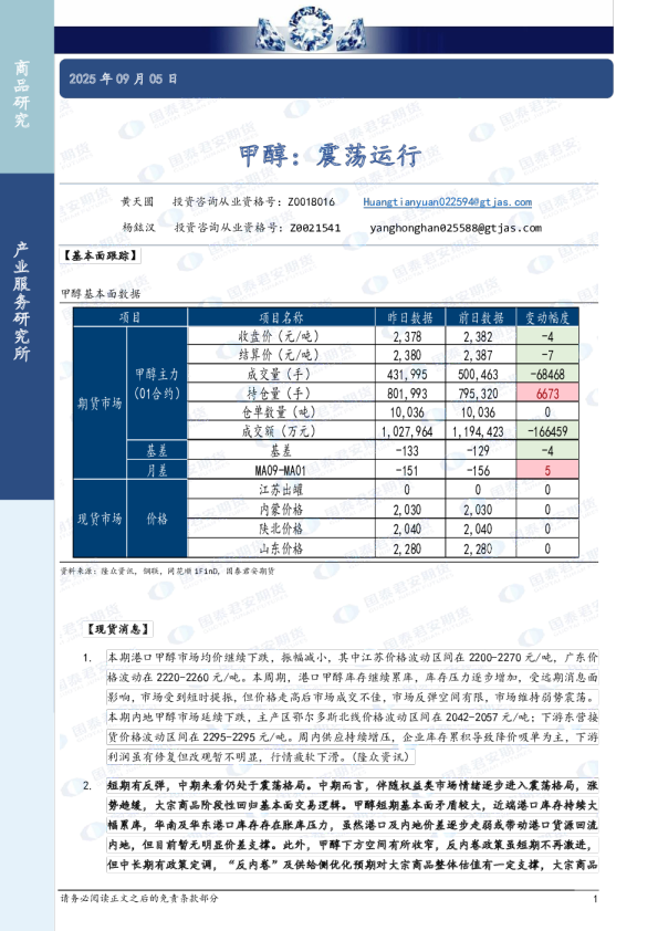 甲醇：震荡运行