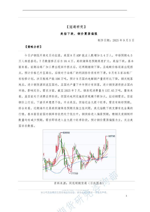 美指下跌，铜价震荡偏强