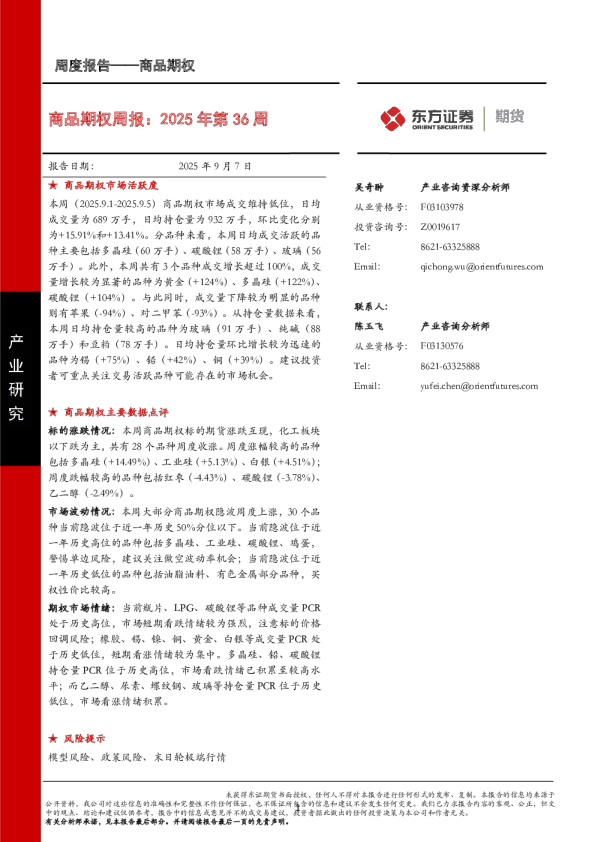 商品期权周报：2025年第36周
