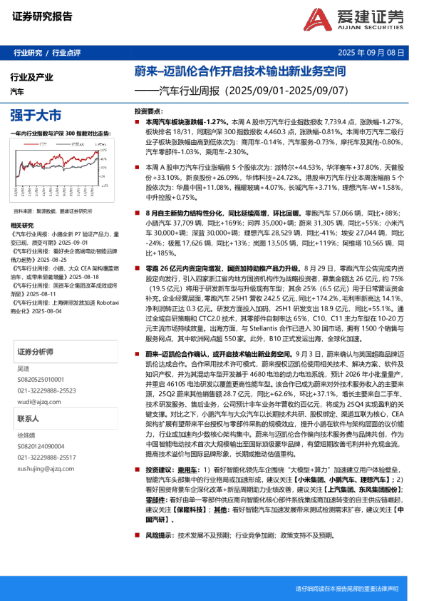 汽车行业周报:蔚来–迈凯伦合作开启技术输出新业务空间