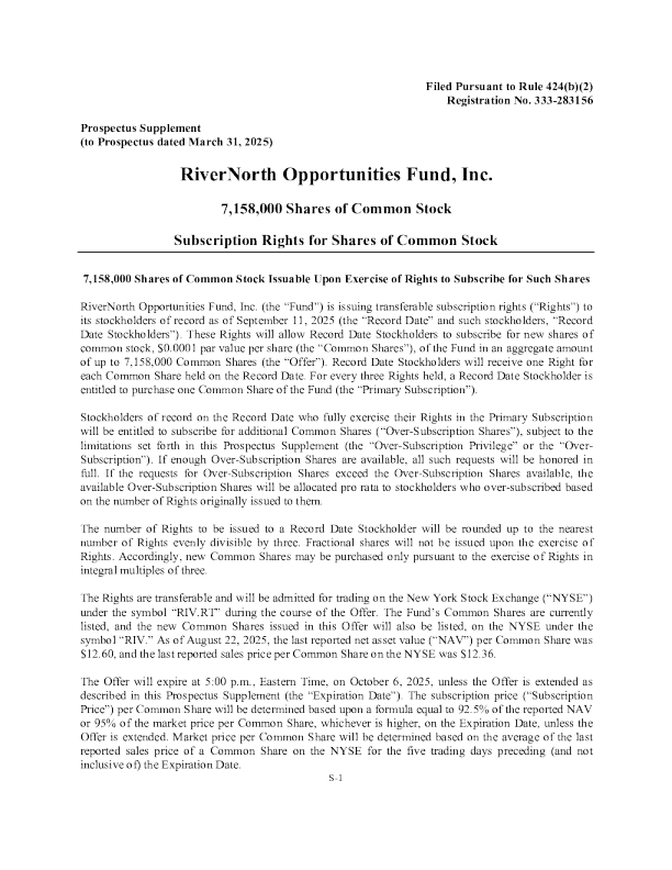 RiverNorth Opportunities Fund Inc Pfd-A美股招股说明书(2025-09-08版)