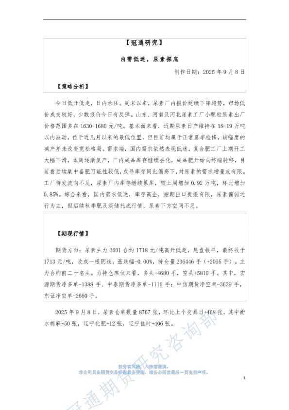 内需低迷,尿素探底