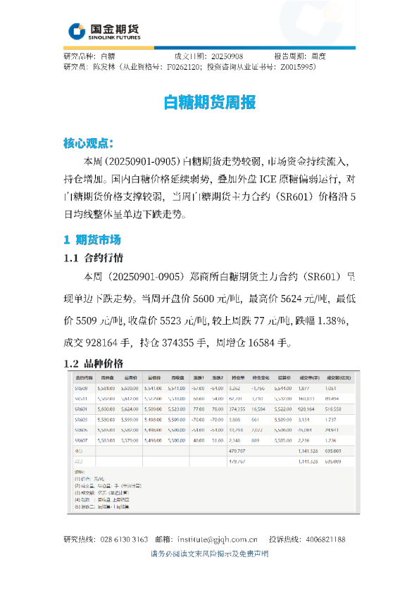 白糖期货周报