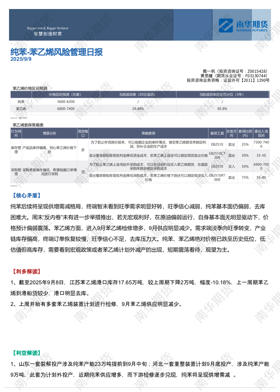 纯苯-苯乙烯风险管理日报