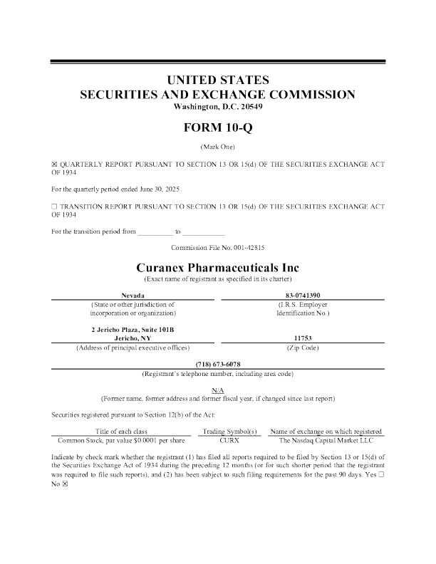 Curanex Pharmaceuticals：2025年季度报告