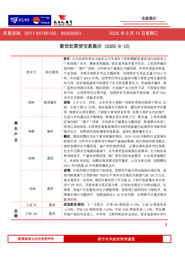 新世纪期货交易提示（2025-9-10）