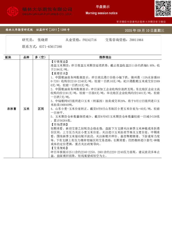 格林大华期市早班车-玉米生猪鸡蛋（20250910）