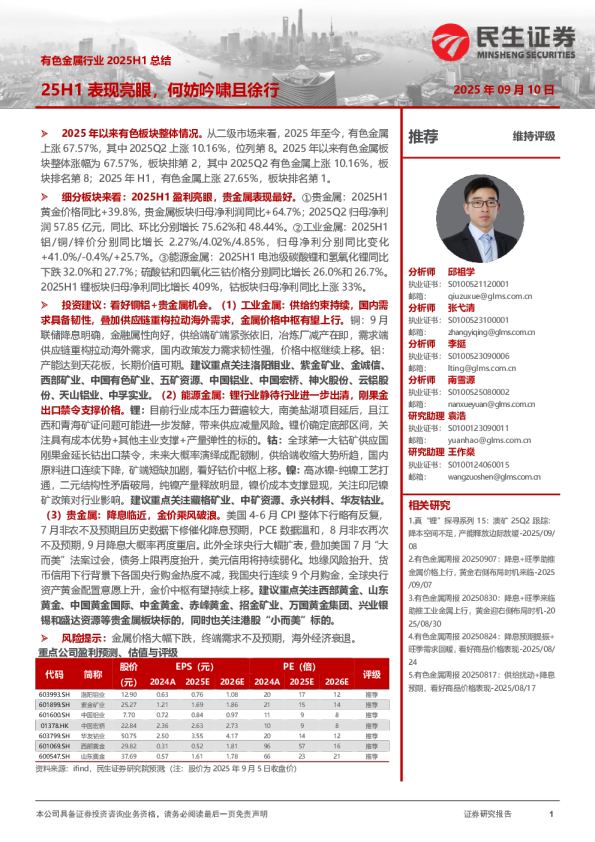 有色金属行业2025H1总结：25H1表现亮眼，何妨吟啸且徐行