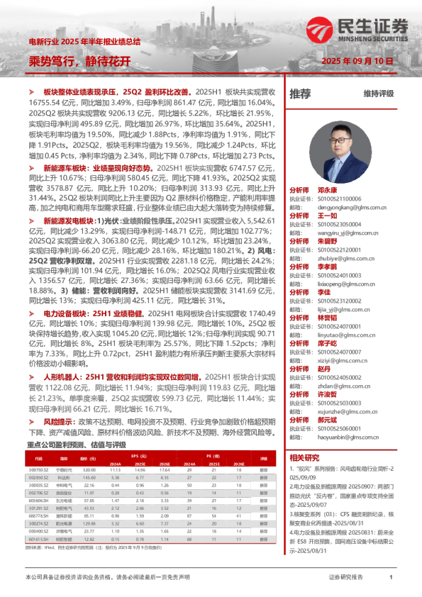 电新行业2025年半年报业绩总结：乘势笃行，静待花开