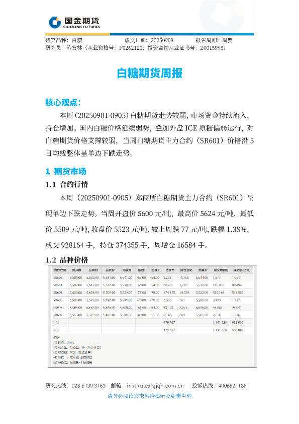 国金期货白糖期货周报