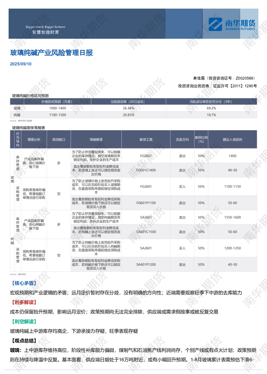 玻璃纯碱产业风险管理日报