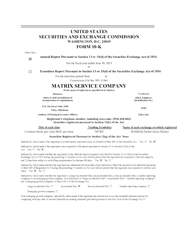 Matrix Service Co 2024年度报告