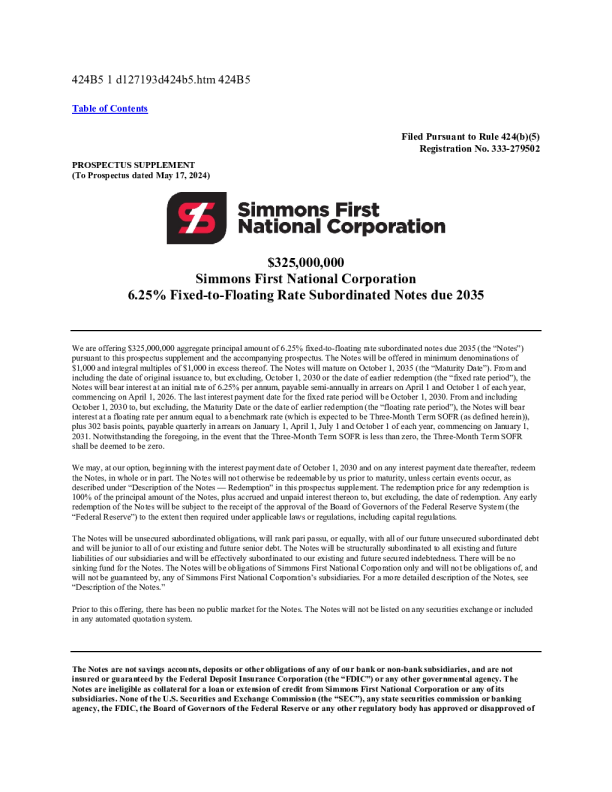 西蒙斯第一国家公司美股招股说明书(2025-09-10版)