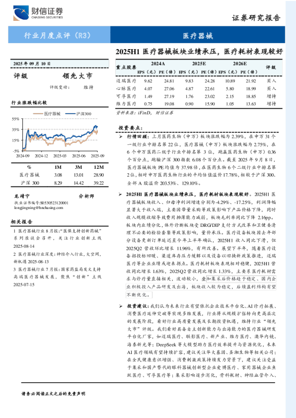 医疗器械行业月度点评（R3）：2025H1医疗器械板块业绩承压，医疗耗材表现较好