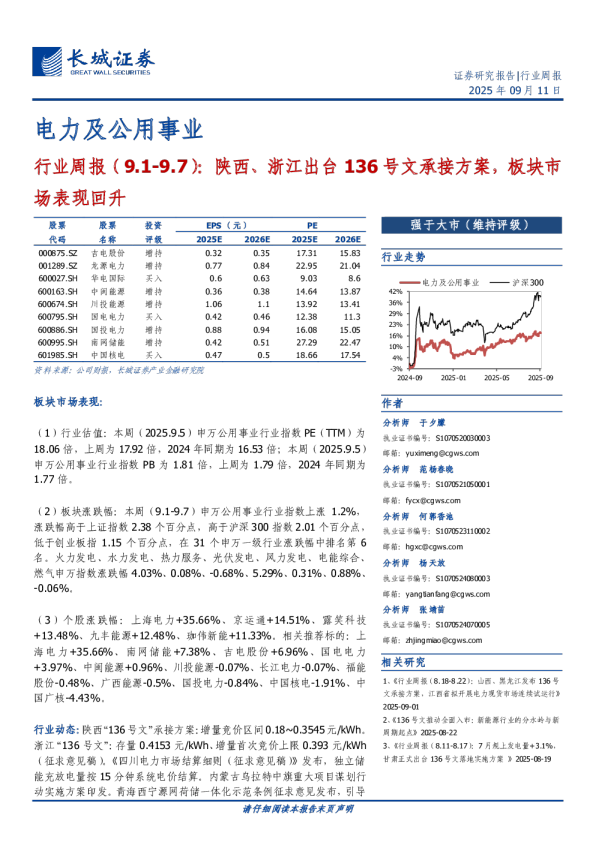电力及公用事业行业周报（9.1-9.7）：陕西、浙江出台136号文承接方案，板块市场表现回升