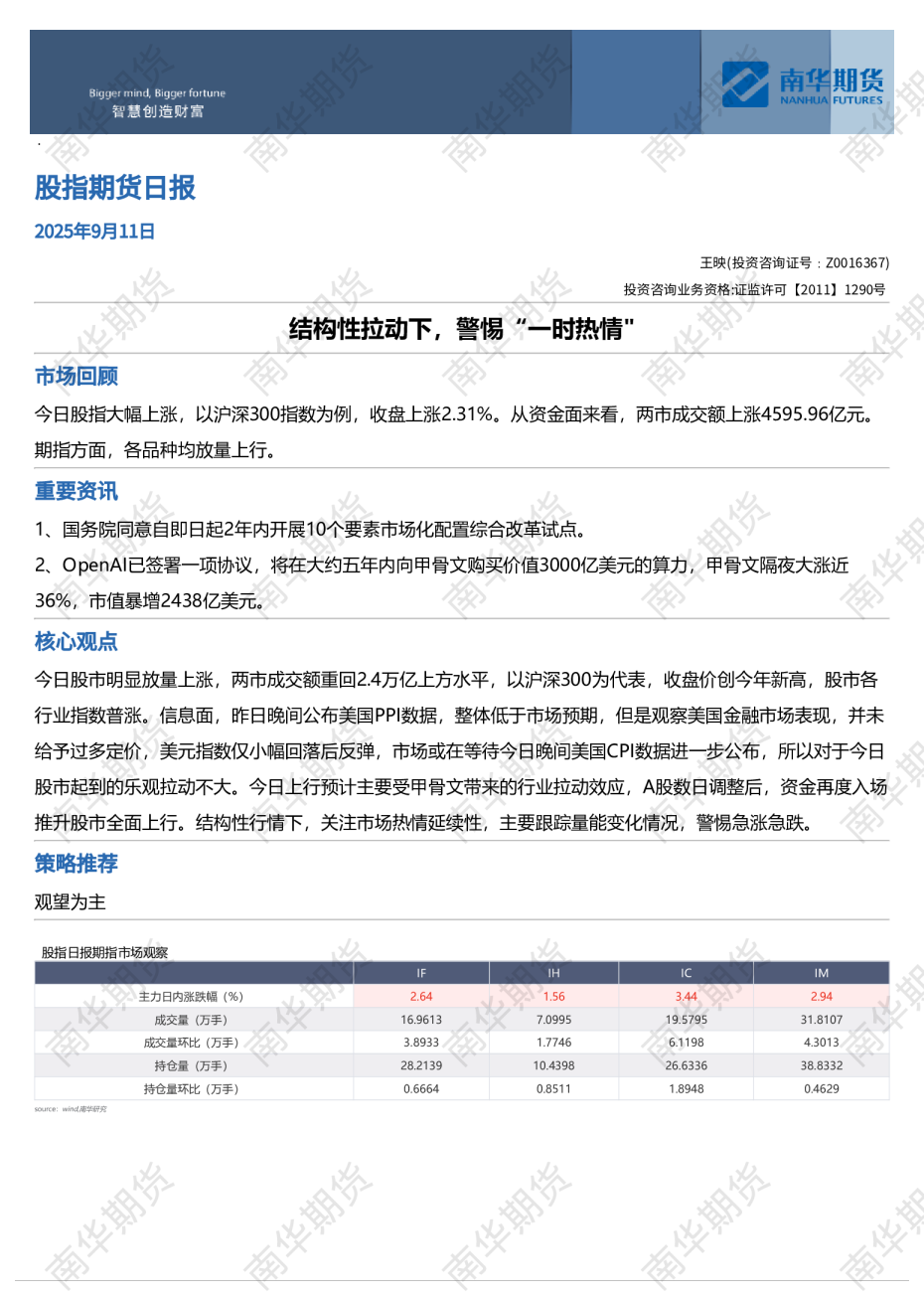 股指期货日报：结构性拉动下，警惕“一时热情”