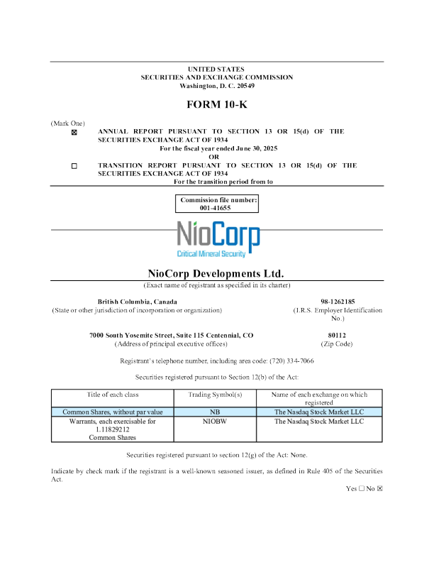 NioCorp Developments Ltd 2024年度报告