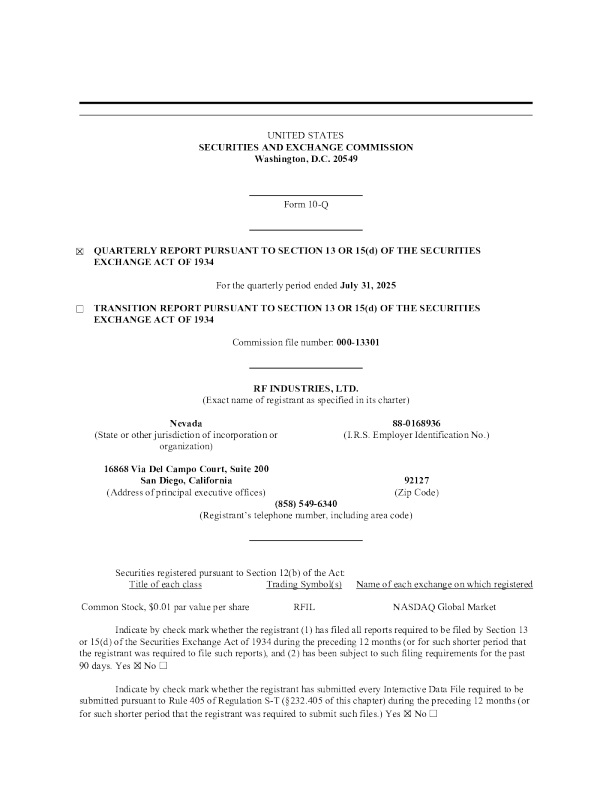 RF Industries Ltd 2025年季度报告