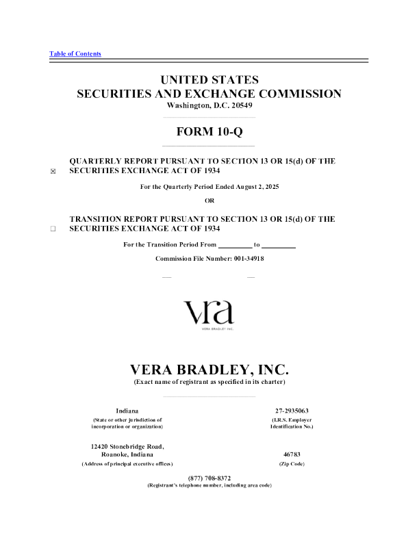 Vera Bradley Inc 2025年季度报告