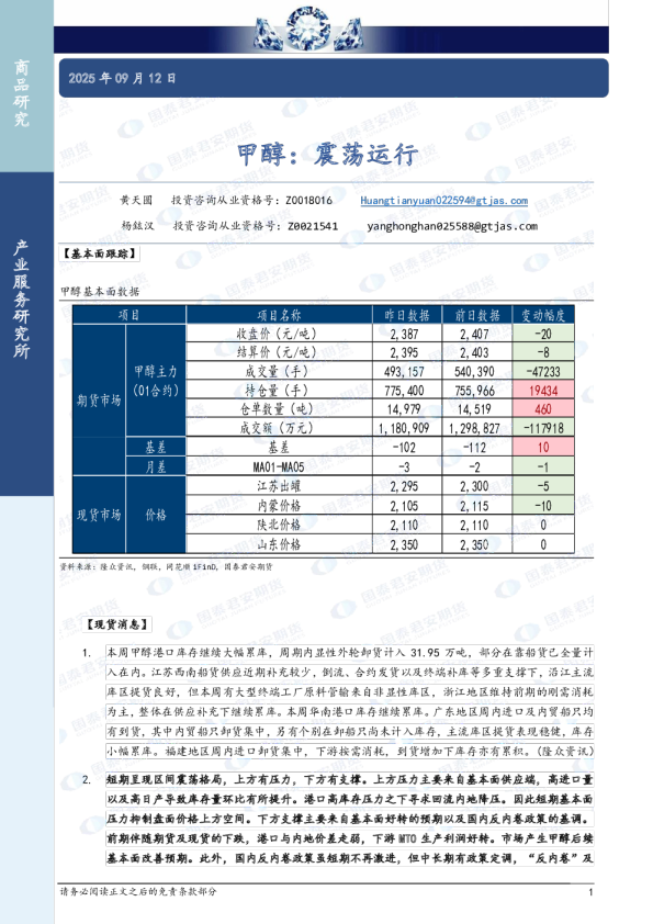 甲醇：震荡运行