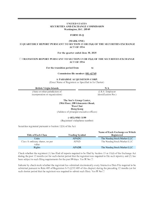 AParadise Acquisition：2025年季度报告