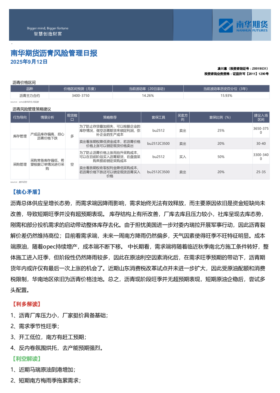 南华期货沥青风险管理日报