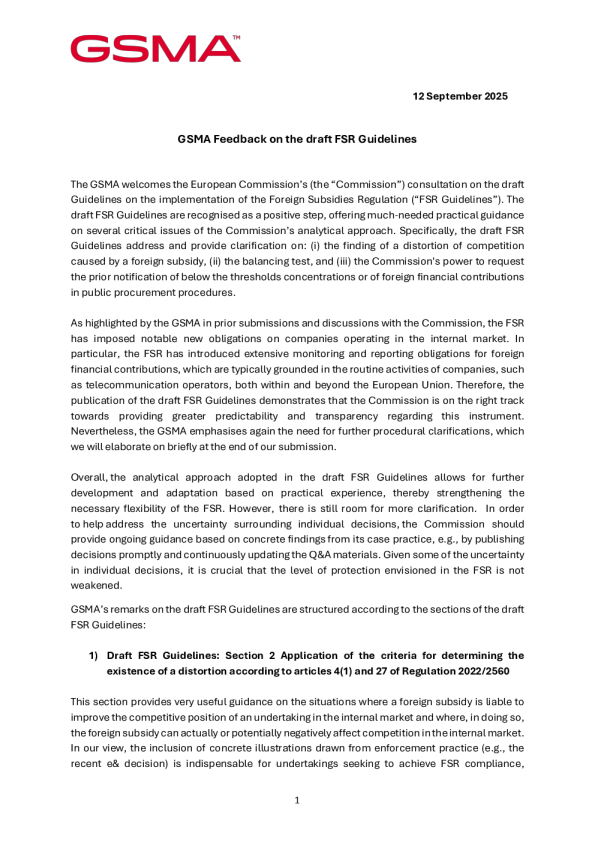 GSMA对FSR指南草案的反馈