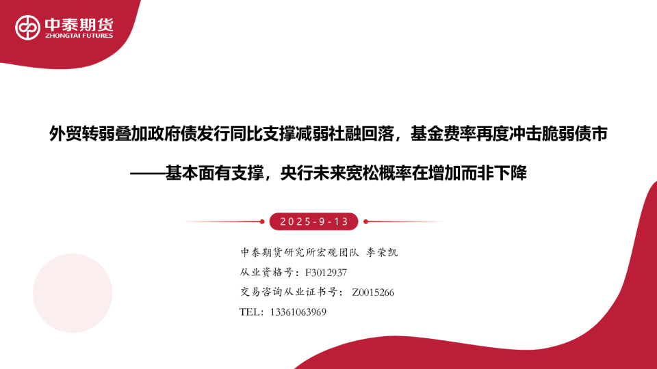 外贸转弱叠加政府债发行同比支撑减弱社融回落，基金费率再度冲击脆弱债市——基本面有支撑，央行未来宽松概率在增加而非下降