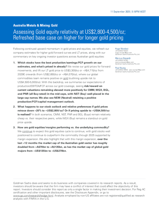 高盛-评估黄金股在每盎司2800-4500美元时的相关性；基于黄金价格长期高位的更新基准-20250911【30页】