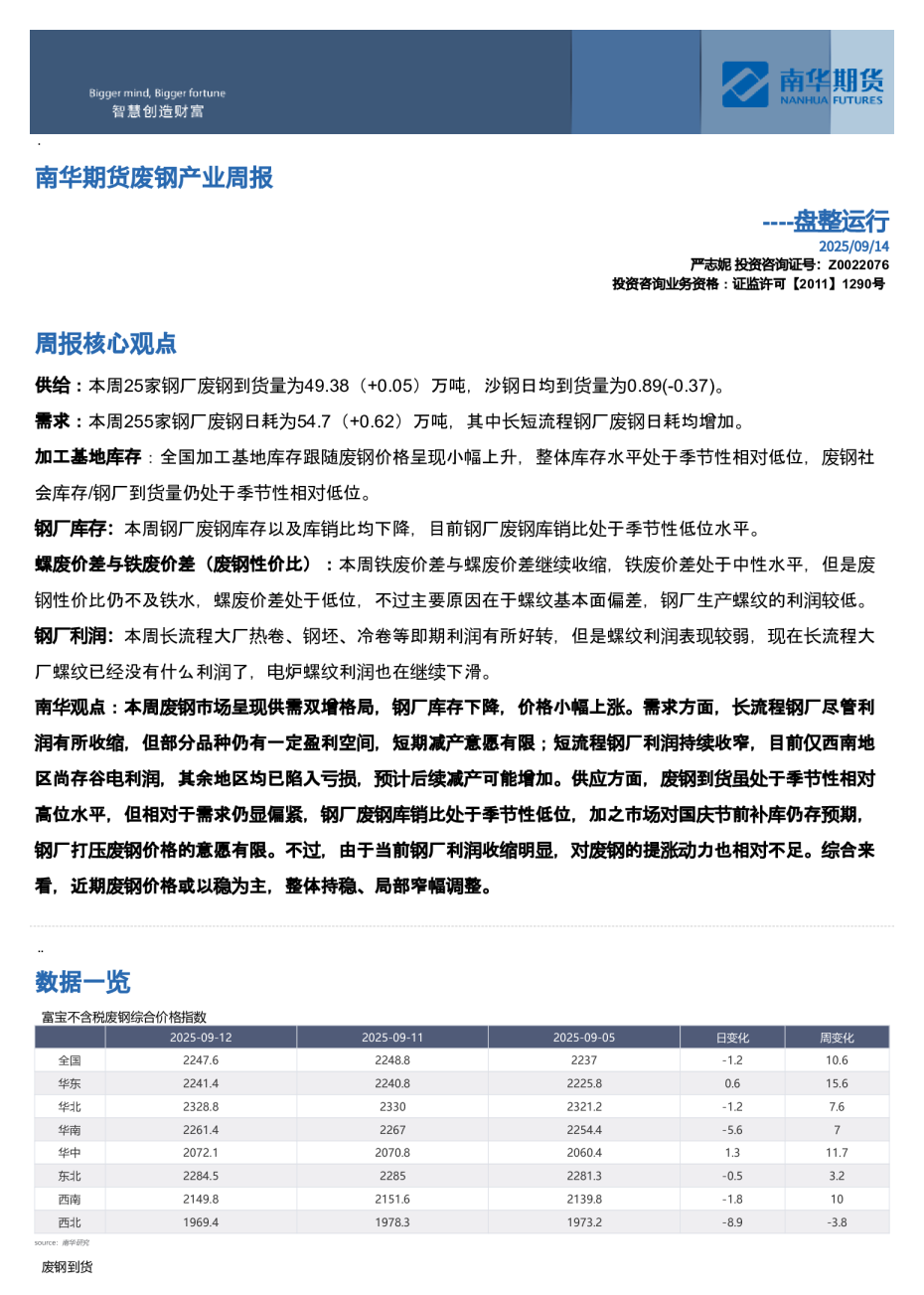 南华期货废钢产业周报：盘整运行