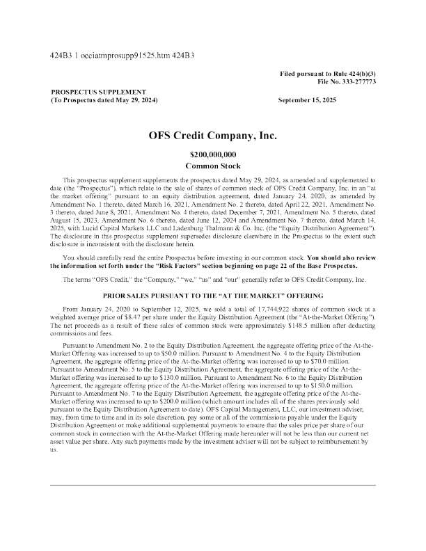 OFS信用有限公司美股招股说明书(2025-09-15版)