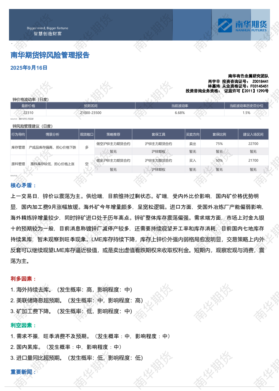 锌风险管理报告