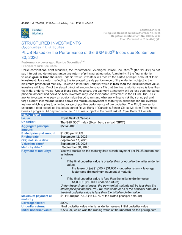 加拿大皇家银行美股招股说明书(2025-09-16版)